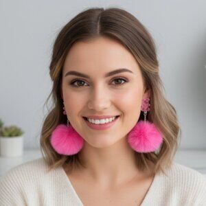 ✨ Pink Fuzzy Pom Pom Teddy Bear Earrings – New